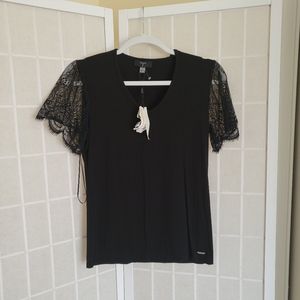 Tahari Black Lace Shortsleeve Top  NWT Sz XS